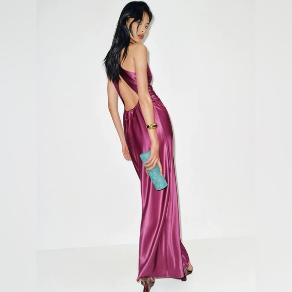 NEW Reformation Anaiis Long Silk Dress Hibiscus Tea Dark Pink Magenta | US 2 UK6 - Picture 3 of 16